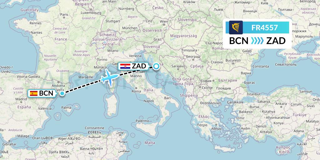 FR4557 Ryanair Flight Map: Barcelona to Zadar