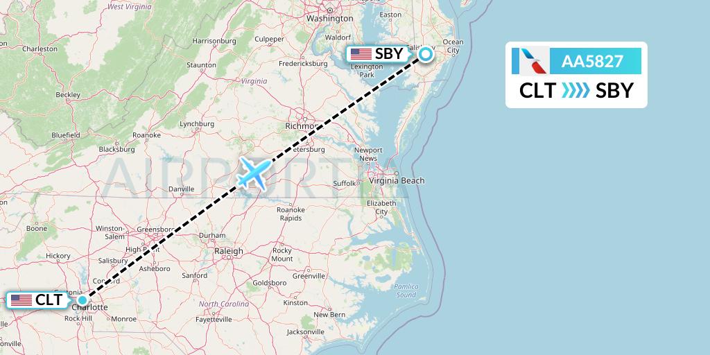 AA5827 American Airlines Flight Map: Charlotte to Salisbury