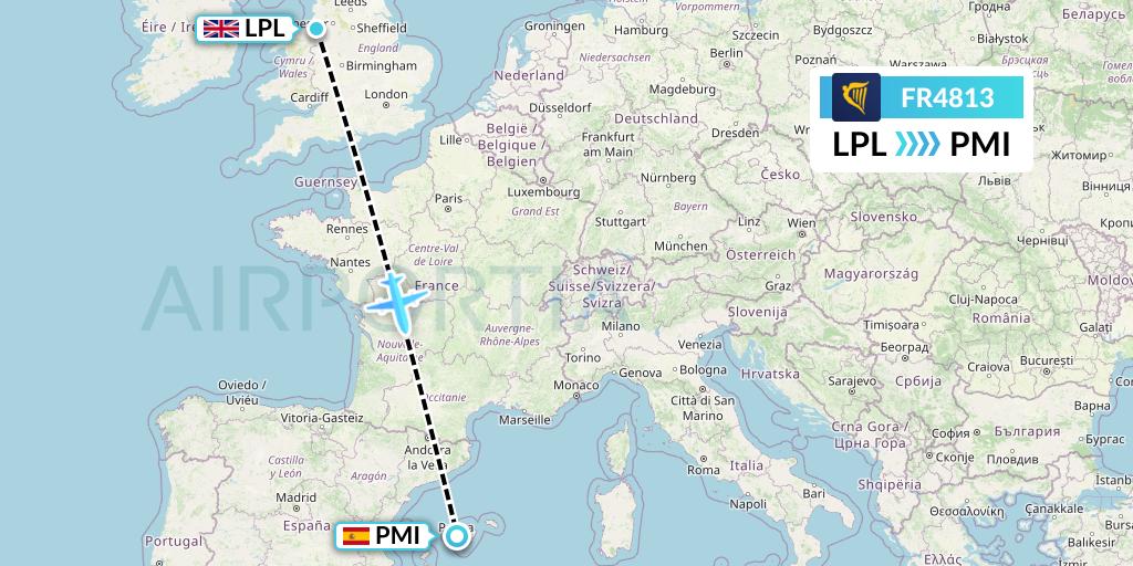 FR4813 Ryanair Flight Map: Liverpool to Palma de Mallorca