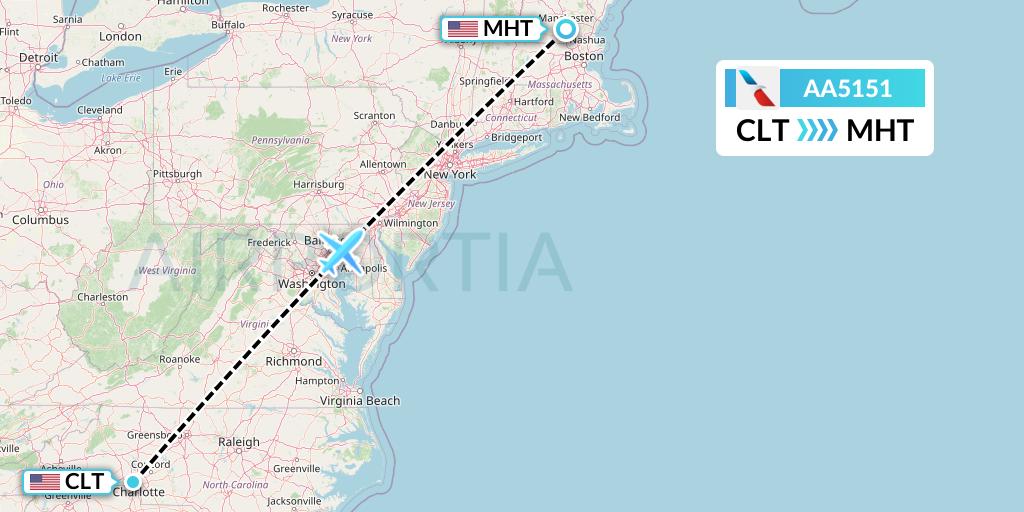 AA5151 American Airlines Flight Map: Charlotte to Manchester