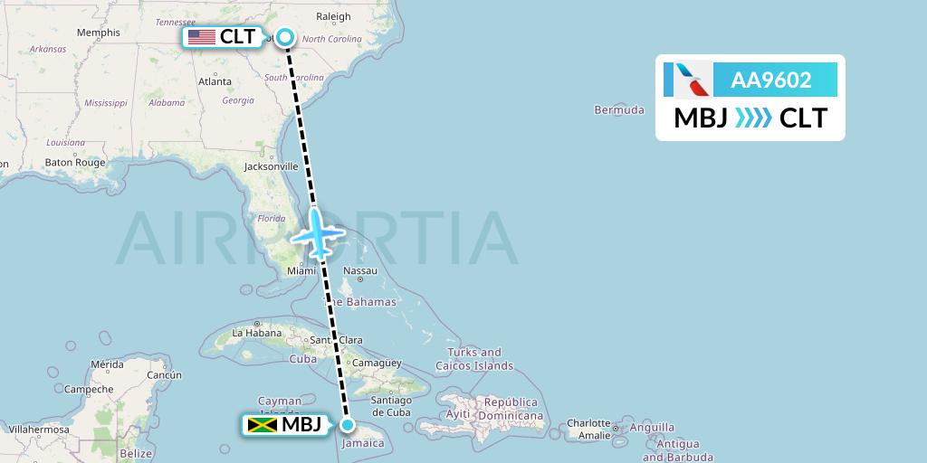 AA9602 American Airlines Flight Map: Montego Bay to Charlotte