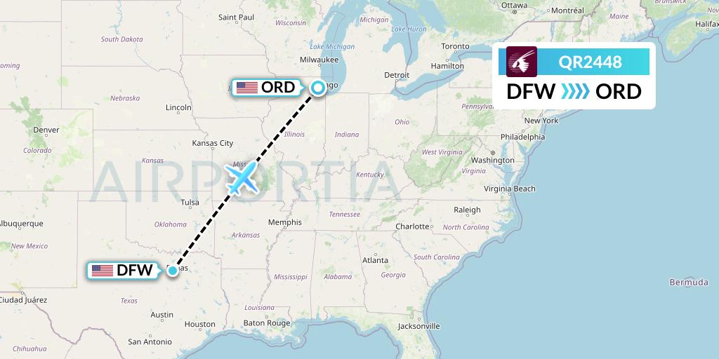 QR2448 Qatar Airways Flight Map: Dallas to Chicago