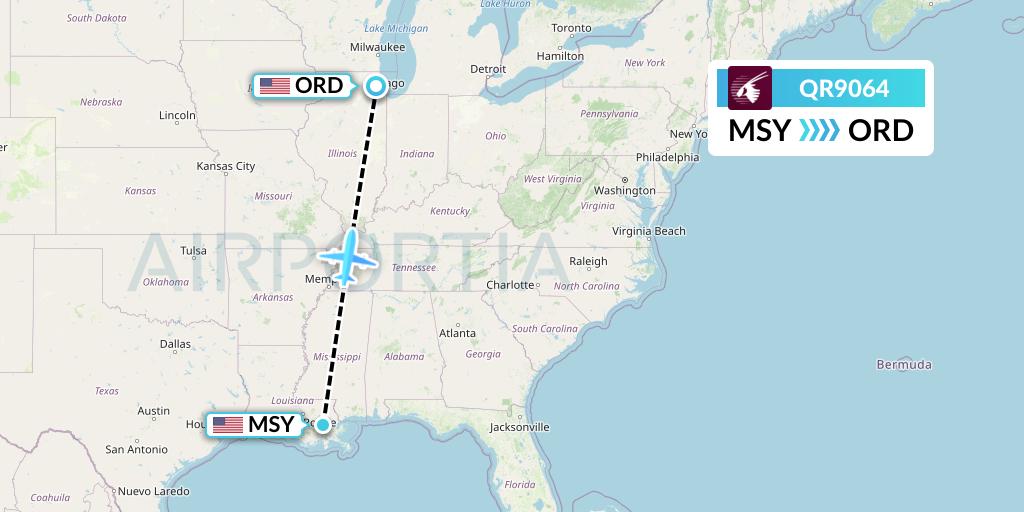 QR9064 Qatar Airways Flight Map: New Orleans to Chicago