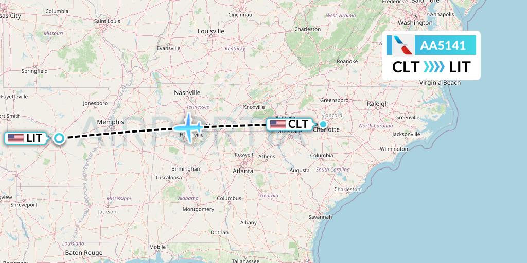 AA5141 American Airlines Flight Map: Charlotte to Little Rock