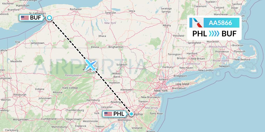 AA5866 American Airlines Flight Map: Philadelphia to Buffalo