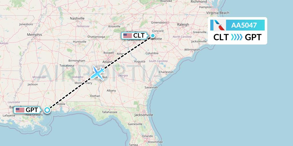 AA5047 American Airlines Flight Map: Charlotte to Gulfport