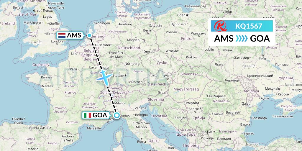 KQ1567 Kenya Airways Flight Map: Amsterdam to Genoa