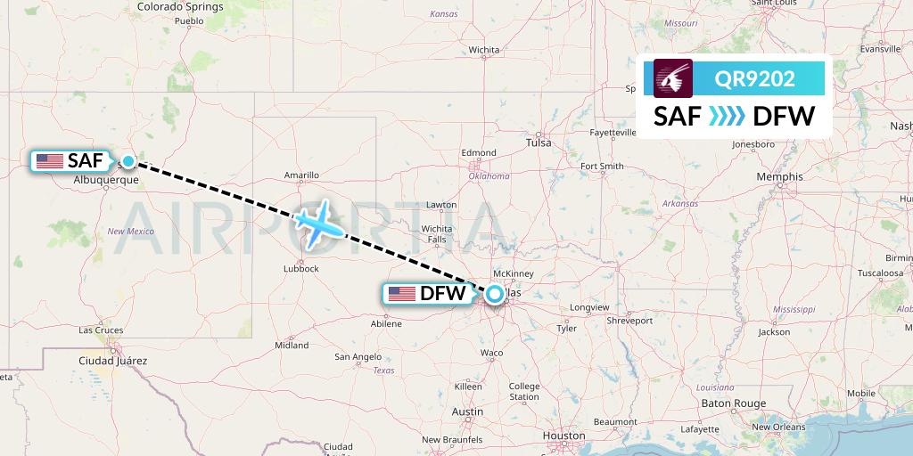 QR9202 Qatar Airways Flight Map: Santa Fe to Dallas