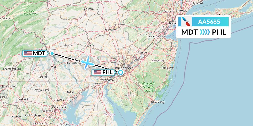 AA5685 American Airlines Flight Map: Harrisburg to Philadelphia
