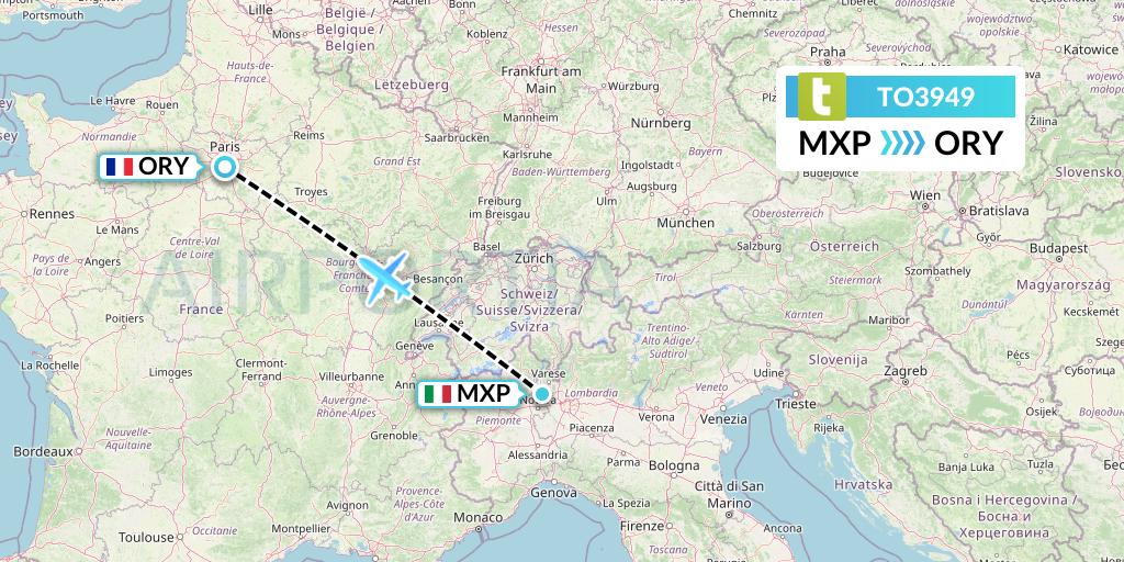 TO3949 Transavia France Flight Map: Milan to Paris