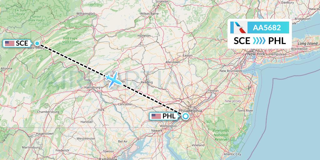 AA5682 American Airlines Flight Map: State College to Philadelphia