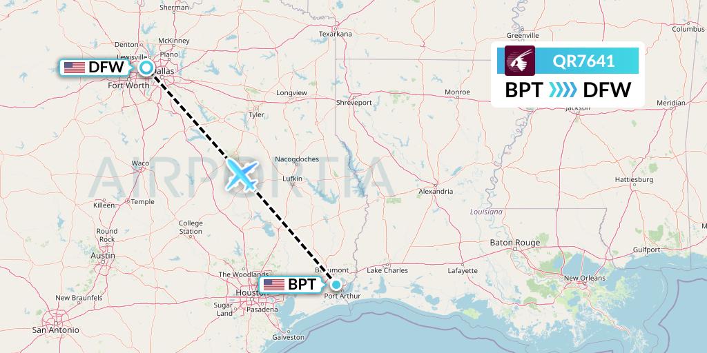 QR7641 Qatar Airways Flight Map: Beaumont to Dallas