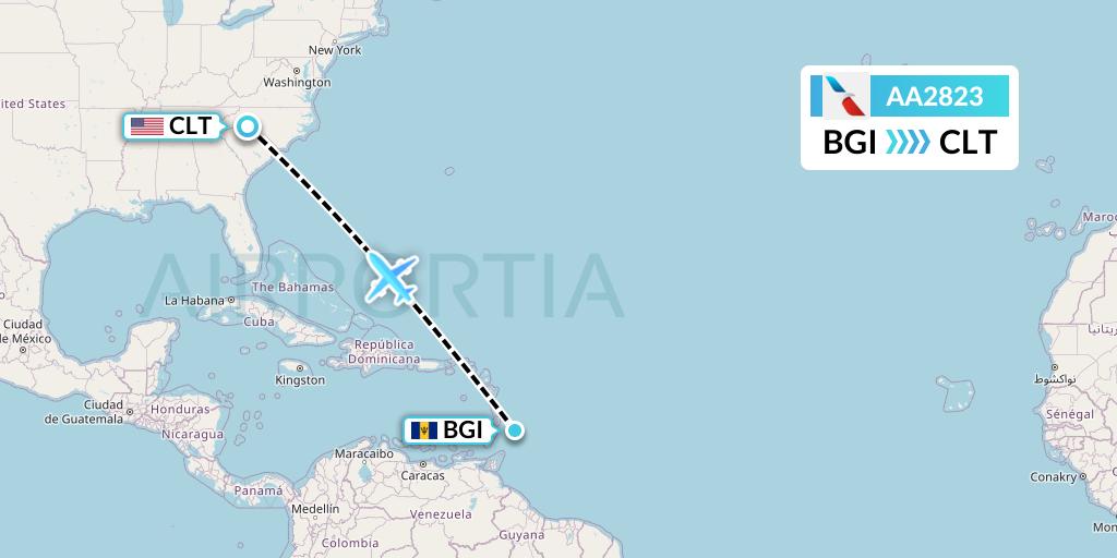 AA2823 American Airlines Flight Map: Bridgetown to Charlotte