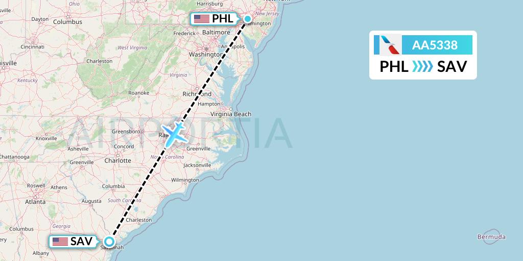 AA5338 American Airlines Flight Map: Philadelphia to Savannah