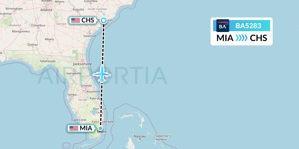 BA5283 British Airways Flight Map: Miami to Charleston