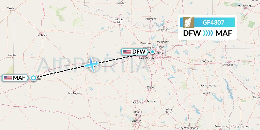 GF4307 Gulf Air Flight Map: Dallas to Midland