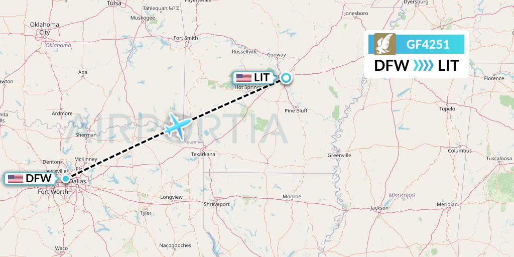 GF4251 Gulf Air Flight Map: Dallas to Little Rock