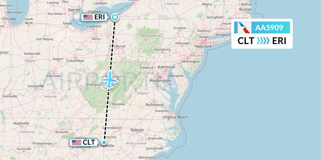 AA5909 American Airlines Flight Map: Charlotte to Erie