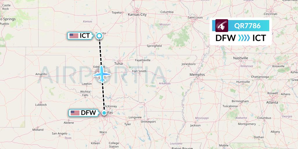 QR7786 Qatar Airways Flight Map: Dallas to Wichita