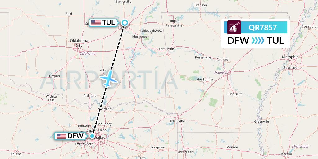 QR7857 Qatar Airways Flight Map: Dallas to Tulsa