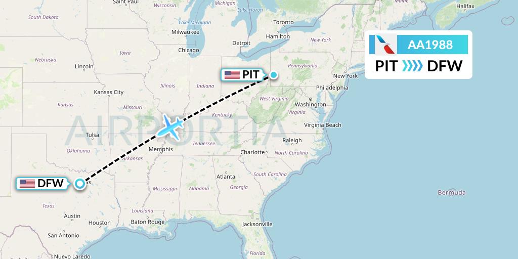 AA1988 American Airlines Flight Map: Pittsburgh to Dallas