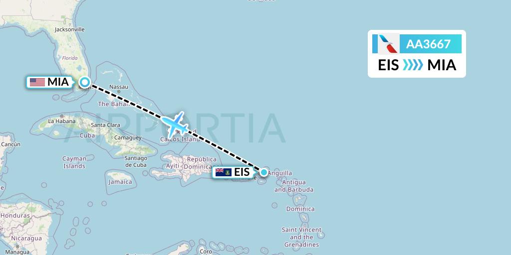 AA3667 American Airlines Flight Map: Beef Island to Miami