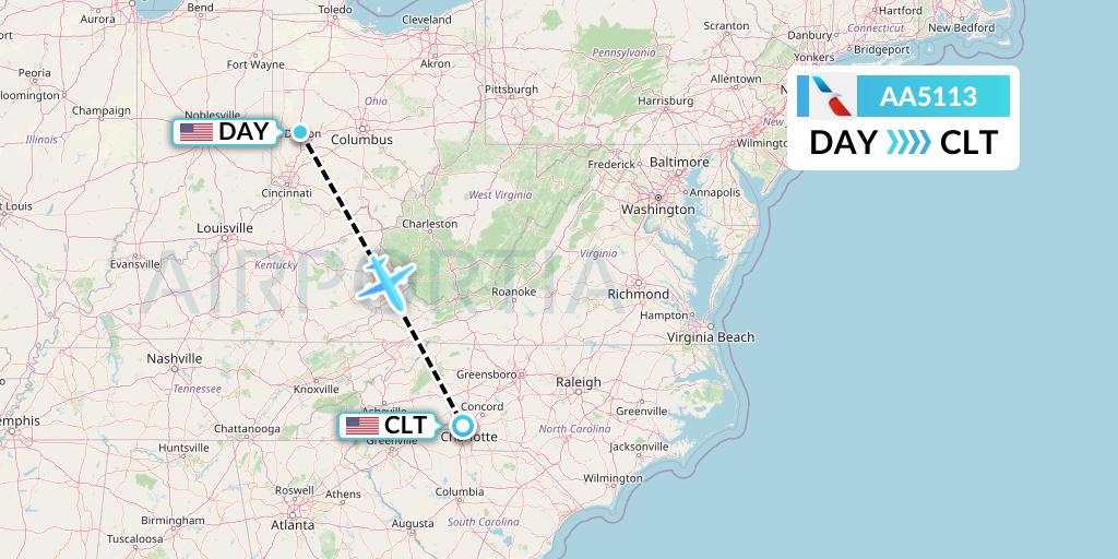 AA5113 American Airlines Flight Map: Dayton to Charlotte
