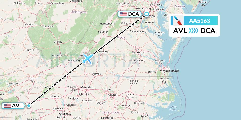 AA5163 American Airlines Flight Map: Asheville to Washington