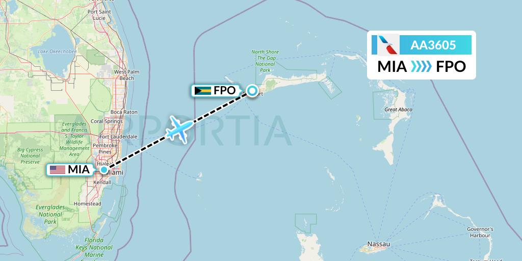 AA3605 American Airlines Flight Map: Miami to Freeport