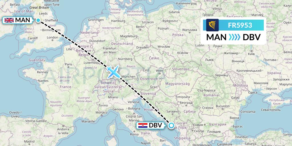 FR5953 Ryanair Flight Map: Manchester to Dubrovnik