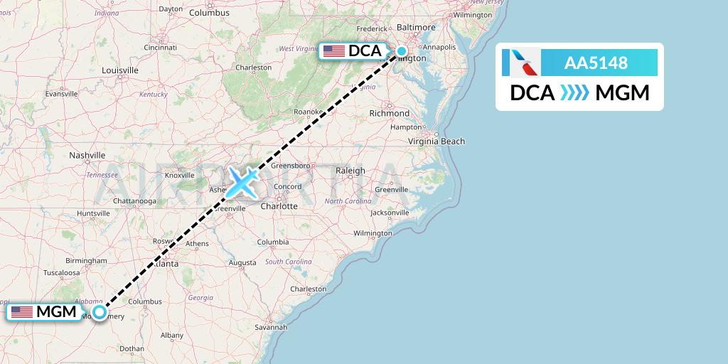 AA5148 American Airlines Flight Map: Washington to Montgomery