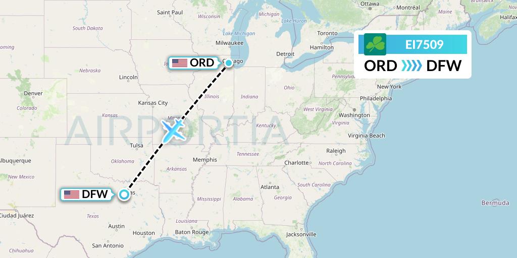 EI7509 Aer Lingus Flight Map: Chicago to Dallas