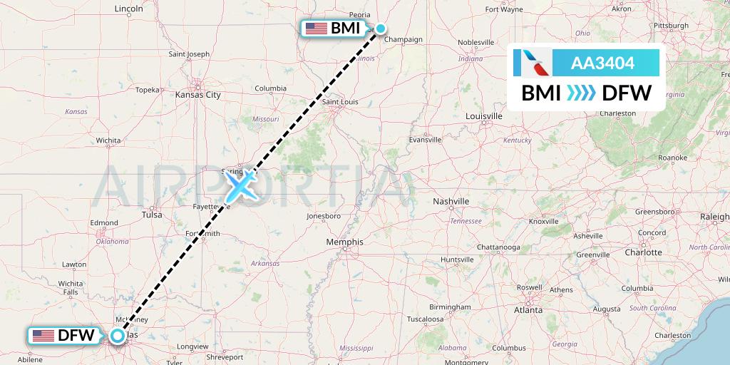 AA3404 American Airlines Flight Map: Bloomington to Dallas