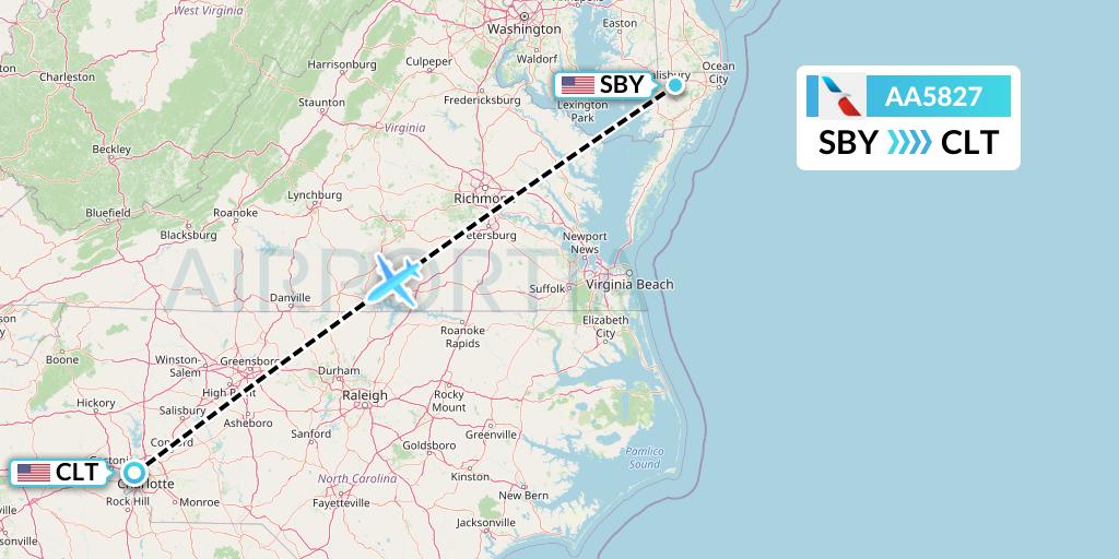 AA5827 American Airlines Flight Map: Salisbury to Charlotte