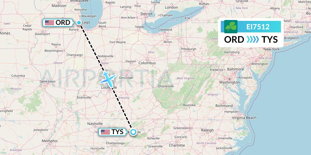 EI7512 Aer Lingus Flight Map: Chicago to Knoxville