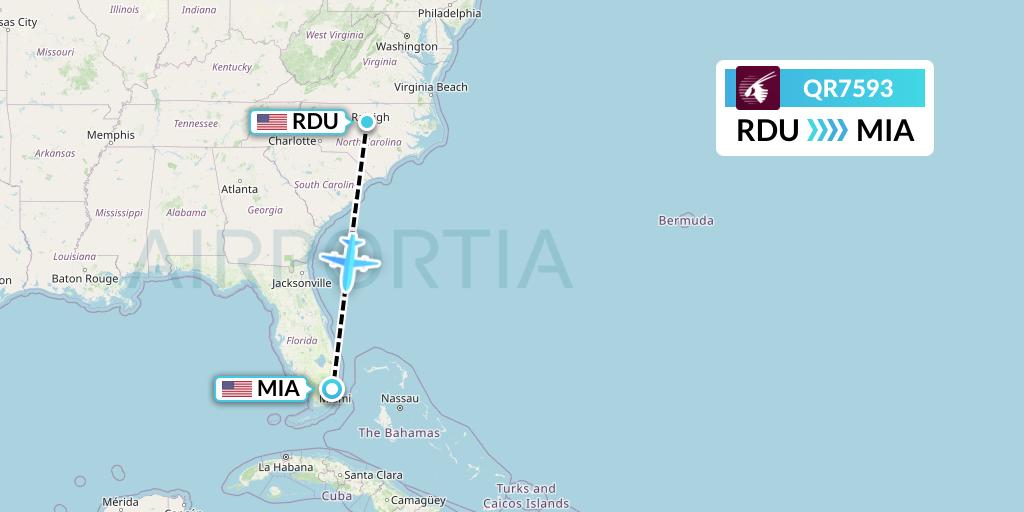 QR7593 Qatar Airways Flight Map: Raleigh-Durham to Miami