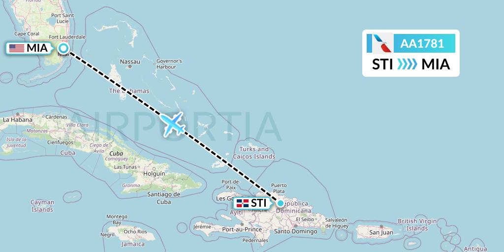 AA1781 American Airlines Flight Map: Santiago de los Caballeros to Miami