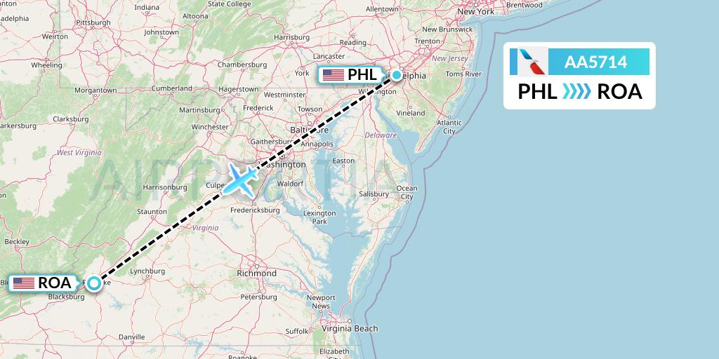 AA5714 American Airlines Flight Map: Philadelphia to Roanoke