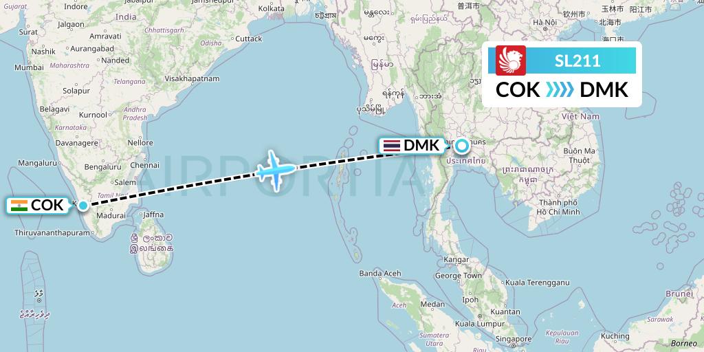 SL211 Thai Lion Air Flight Map: Cochin to Bangkok