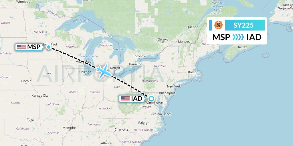 SY225 Sun Country Airlines Flight Map: Minneapolis to Washington