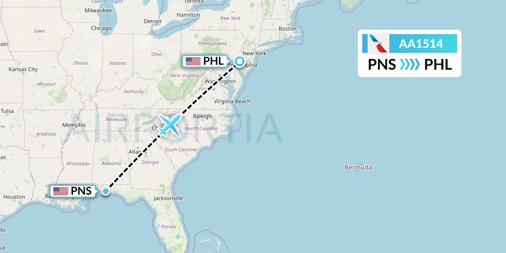 AA1514 American Airlines Flight Map: Pensacola to Philadelphia