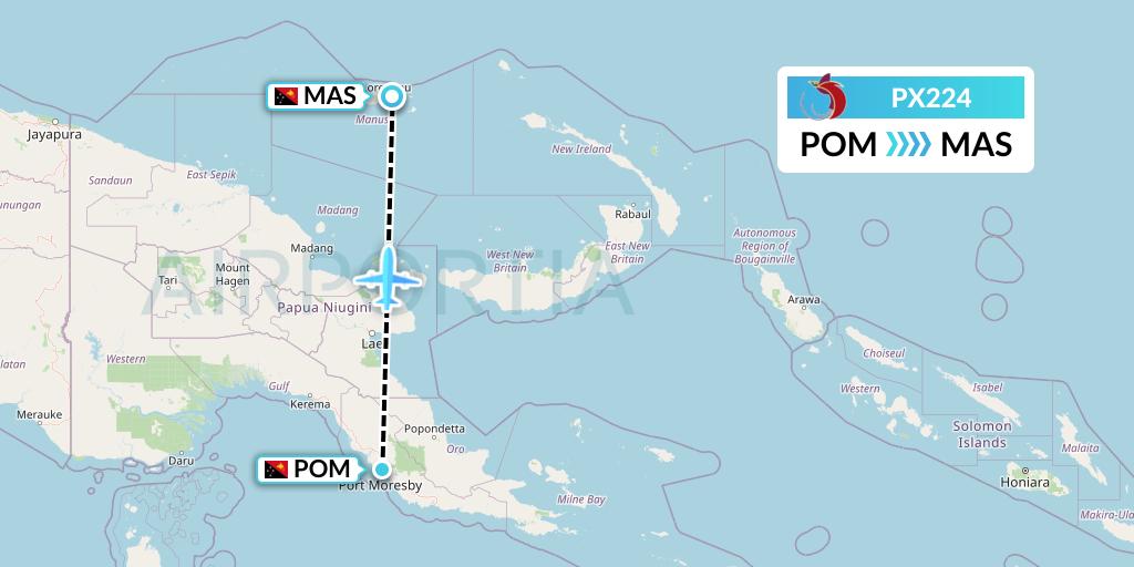 PX224 Air Niugini Flight Map: Port Moresby to Papua New Guinea