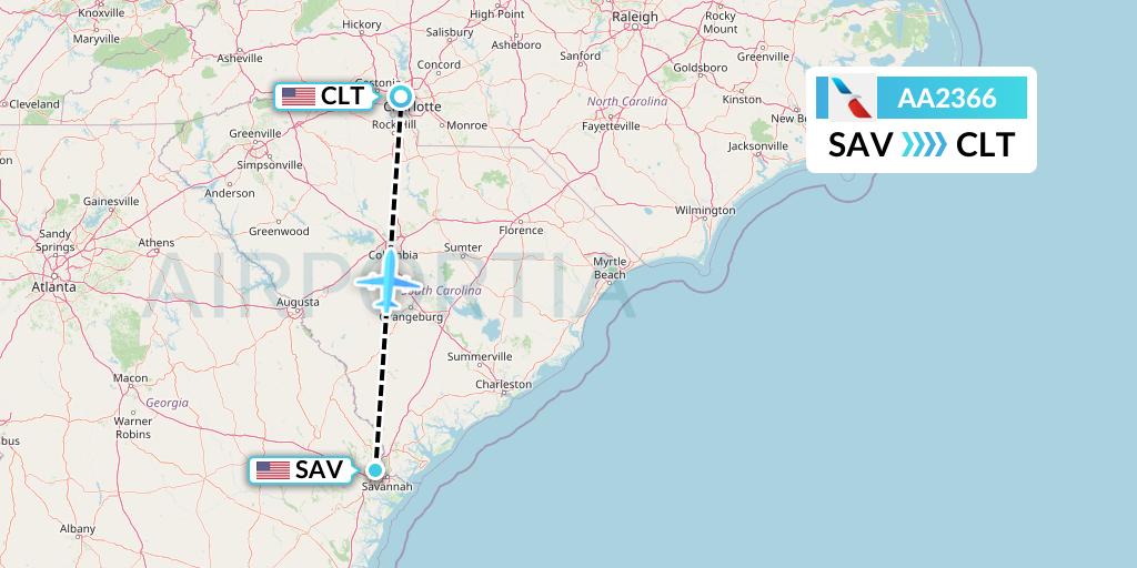 AA2366 American Airlines Flight Map: Savannah to Charlotte