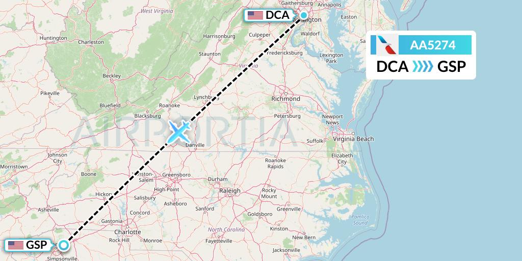 AA5274 American Airlines Flight Map: Washington to Greenville-Spartanburg