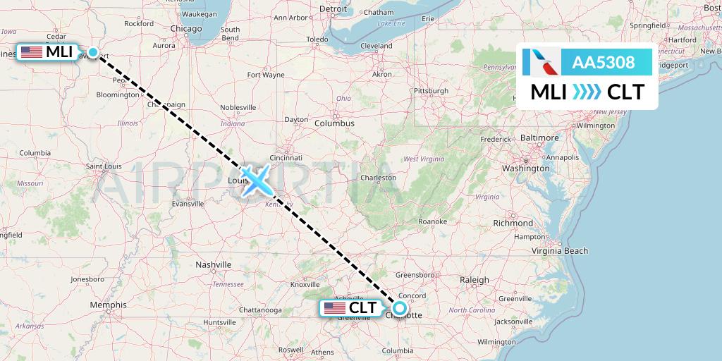 AA5308 American Airlines Flight Map: Moline to Charlotte