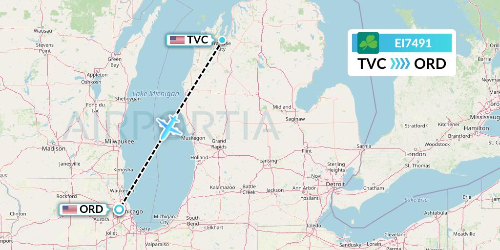 EI7491 Aer Lingus Flight Map: Traverse City to Chicago