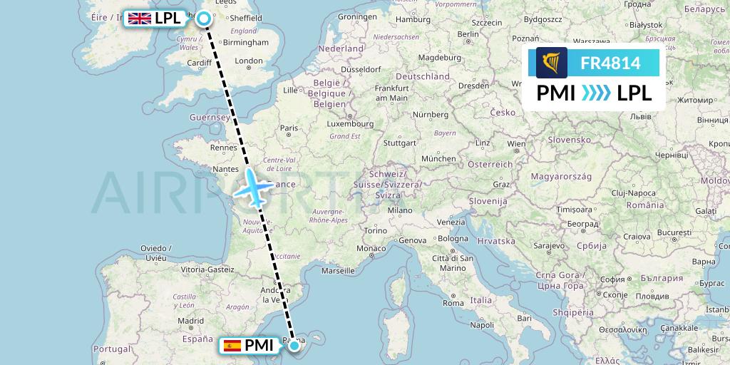 FR4814 Ryanair Flight Map: Palma de Mallorca to Liverpool