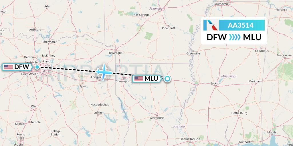AA3514 American Airlines Flight Map: Dallas to Monroe
