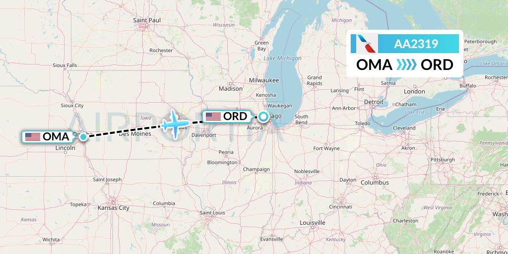 AA2319 American Airlines Flight Map: Omaha to Chicago