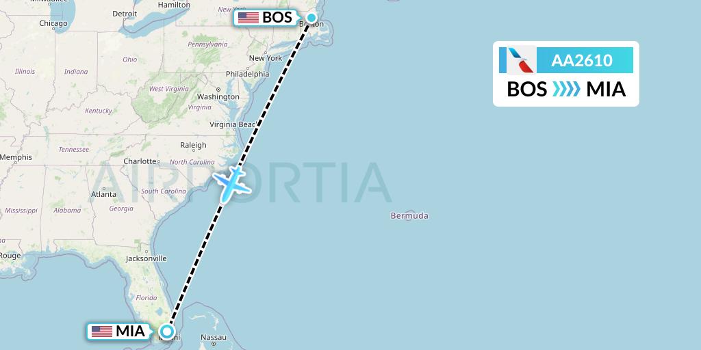 AA2610 American Airlines Flight Map: Boston to Miami